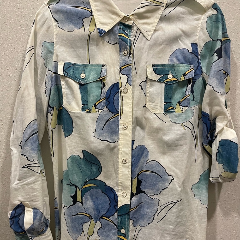 Tory Burch Cream and Blue Patterned Shirt